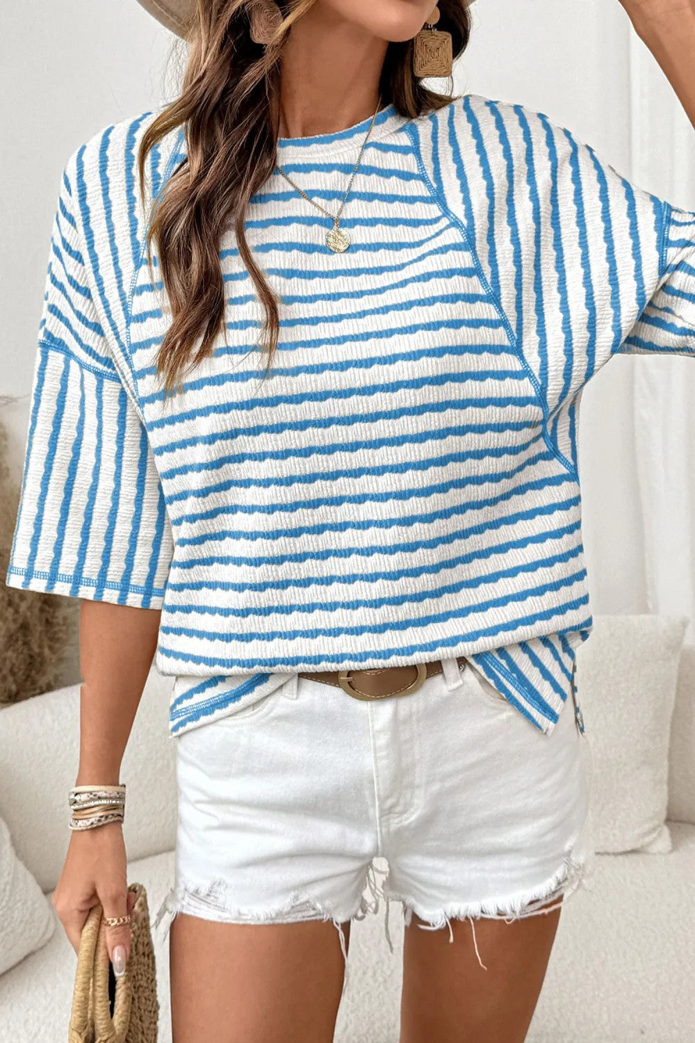 # Women's Striped Short-Sleeve Crew Neck Pullover T-Shirt
