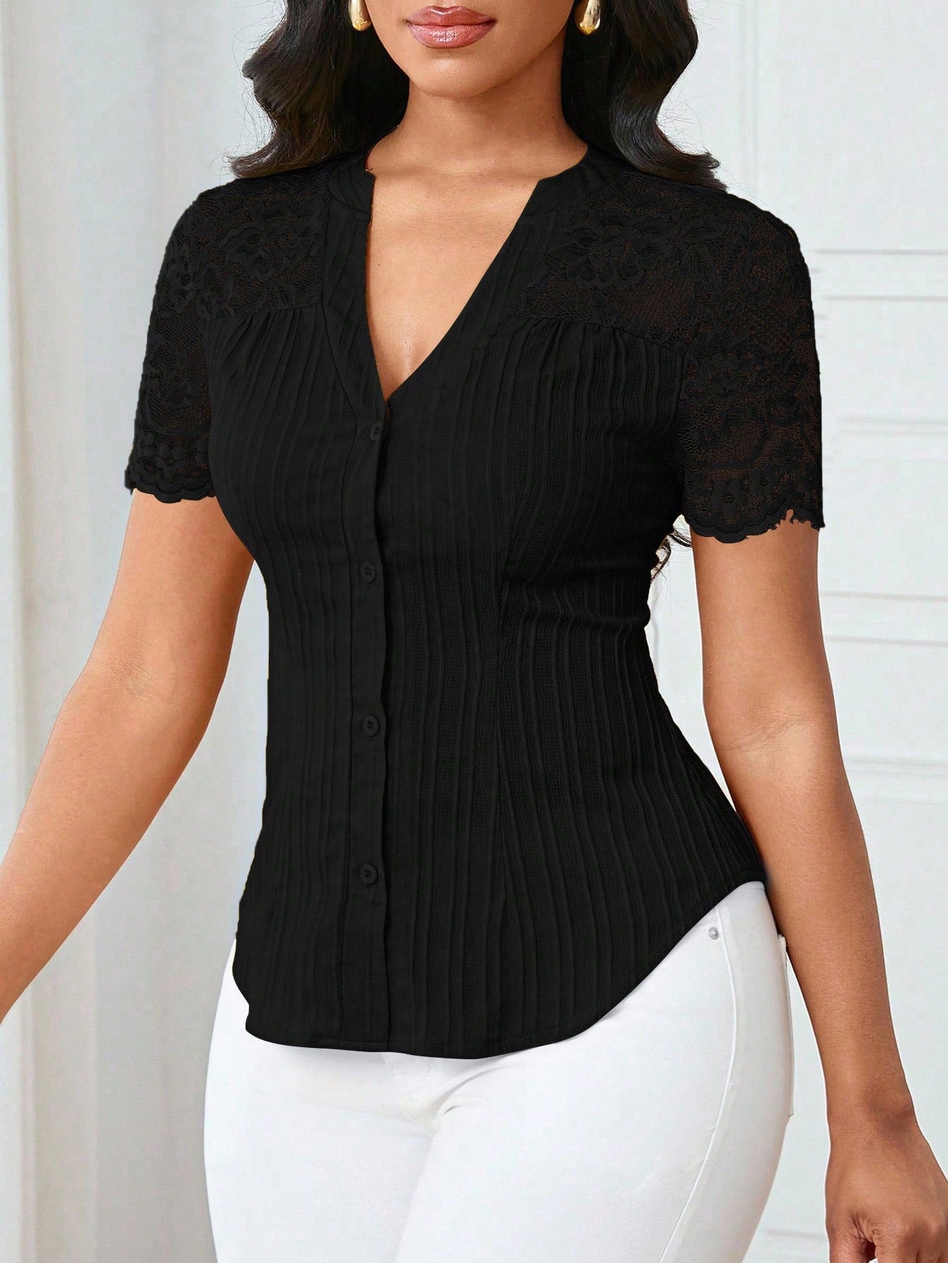 Solid Color Embroidered Hollow-Out Short-Sleeve Top
