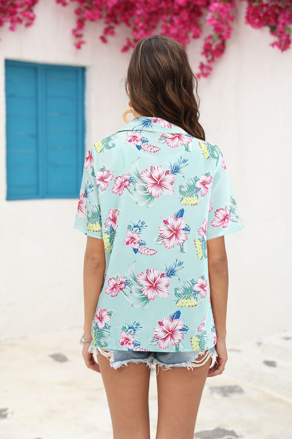 # Floral Print Pleated Collared Short-Sleeve Shirt