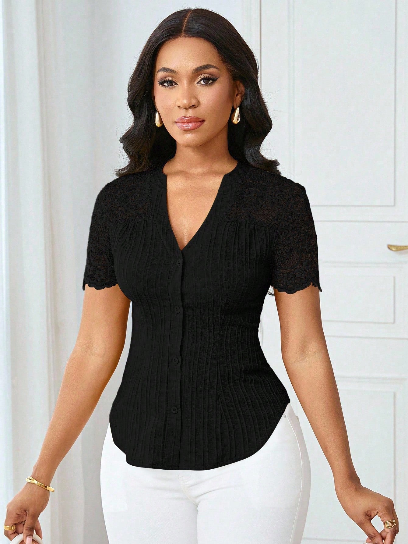 Solid Color Embroidered Hollow-Out Short-Sleeve Top