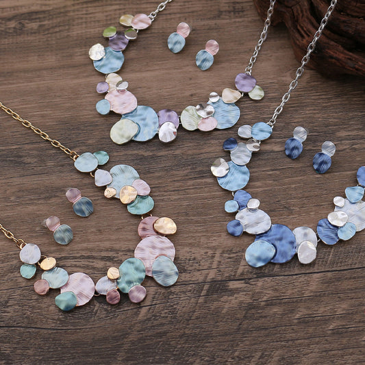 Colorful oil painting geometric oval earrings and necklace set