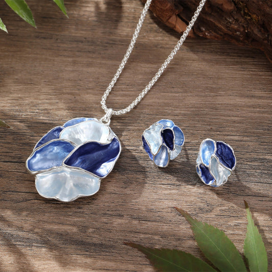 Enamel Geometric Flower Earring Pendant Set