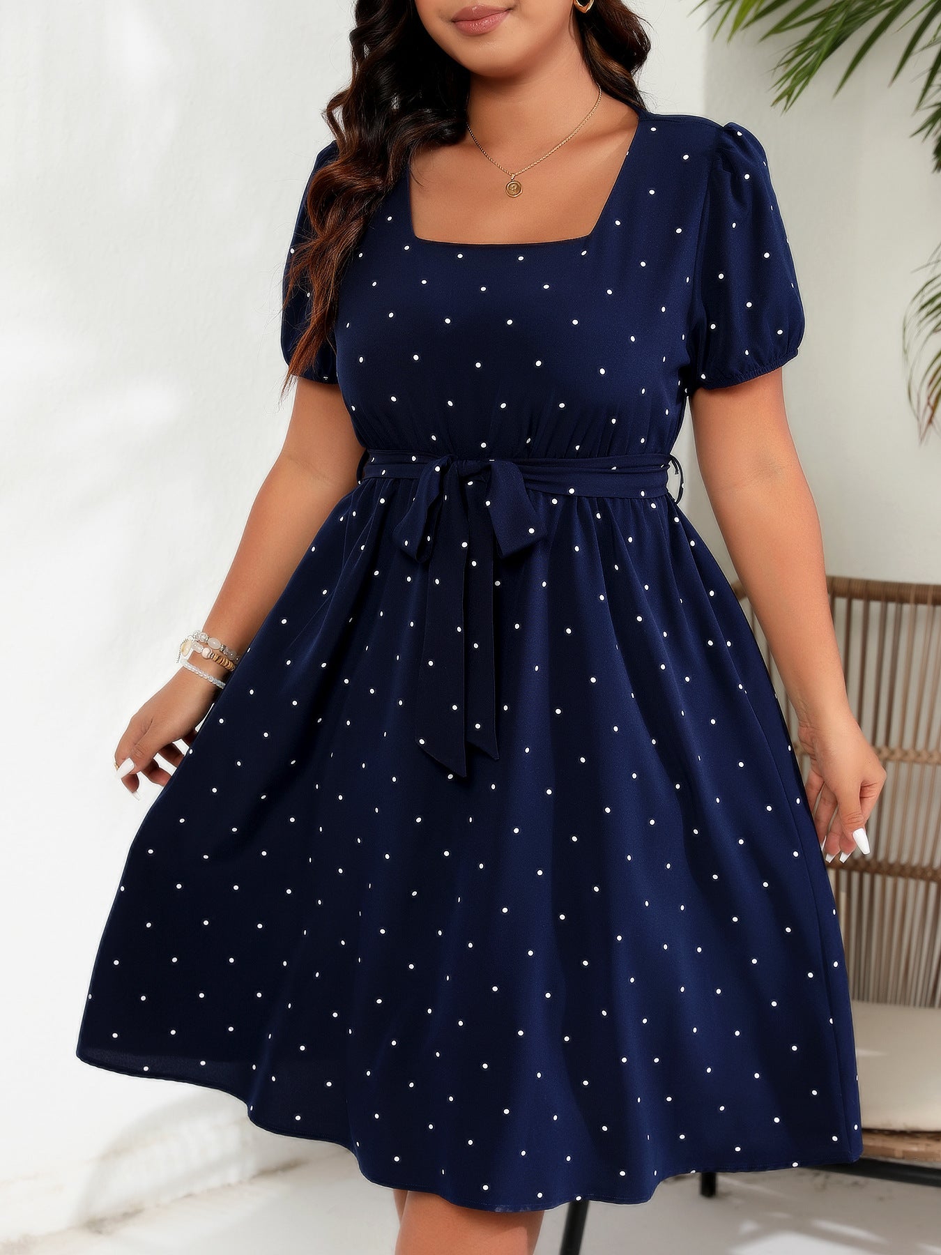 # Retro Polka Dot Square Neck Plus Size Dress