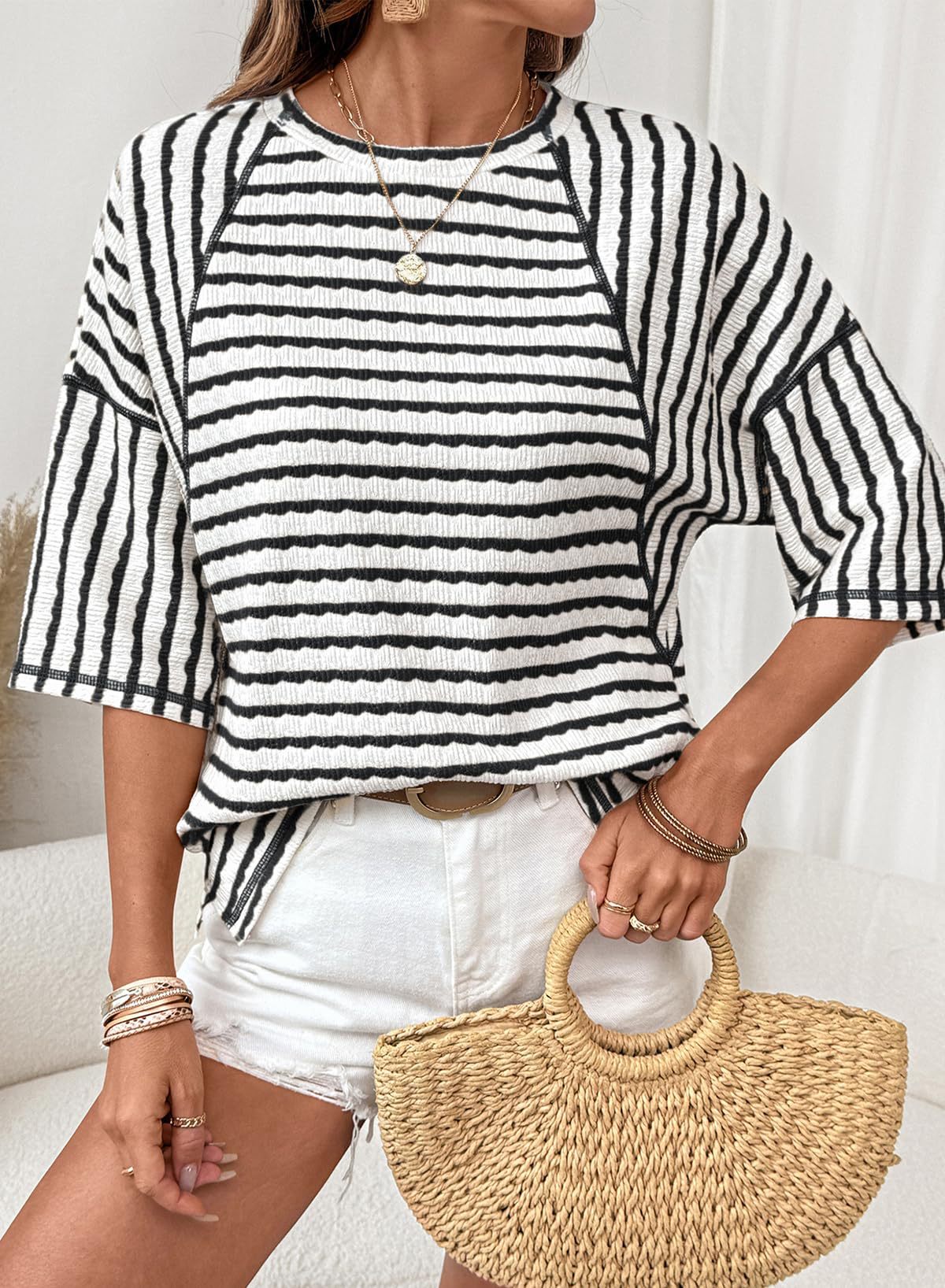 # Women's Striped Short-Sleeve Crew Neck Pullover T-Shirt