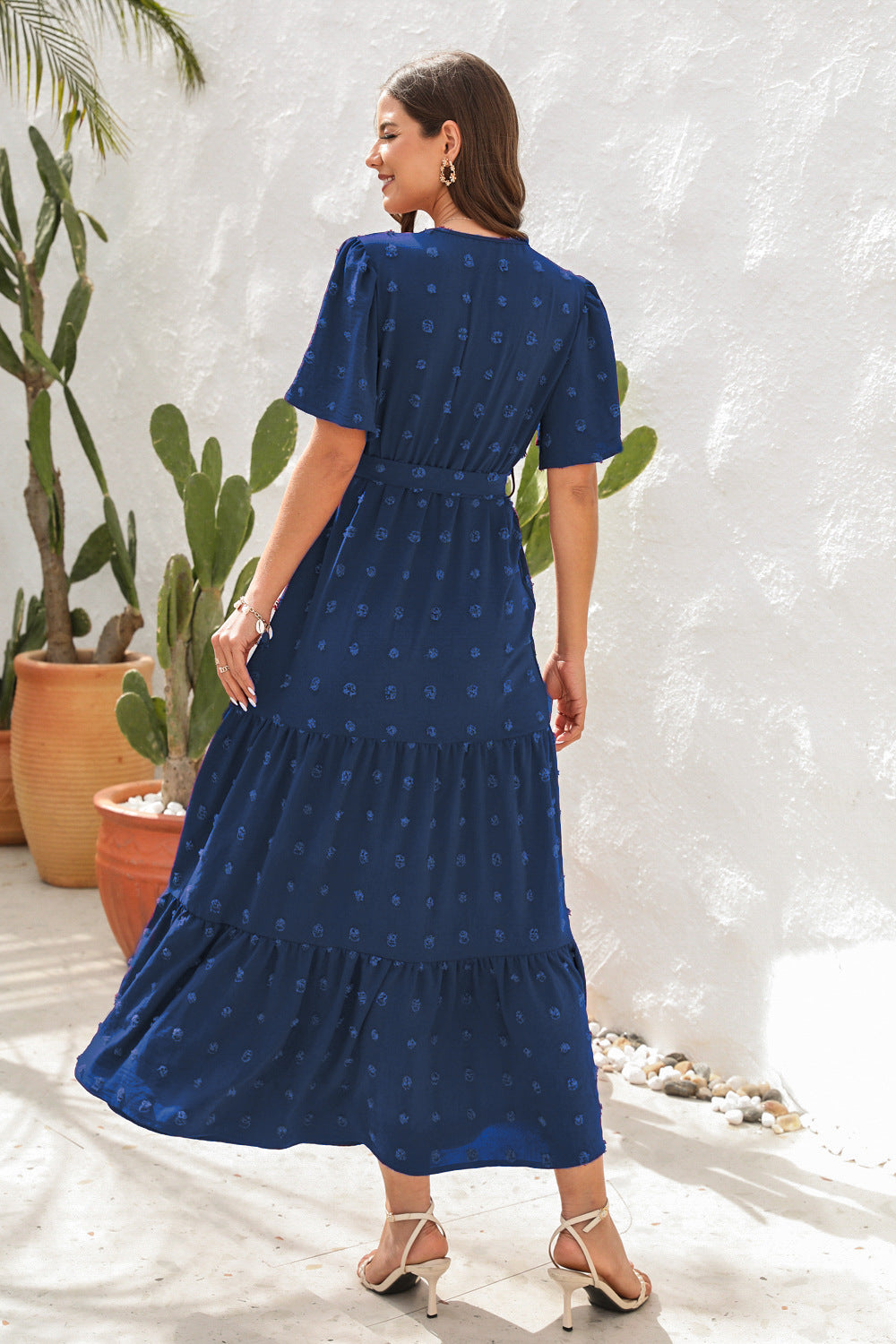 # V-Neck Tie-Waist Long Vacation Dress