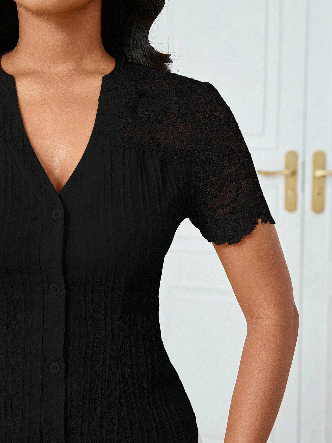 Solid Color Embroidered Hollow-Out Short-Sleeve Top