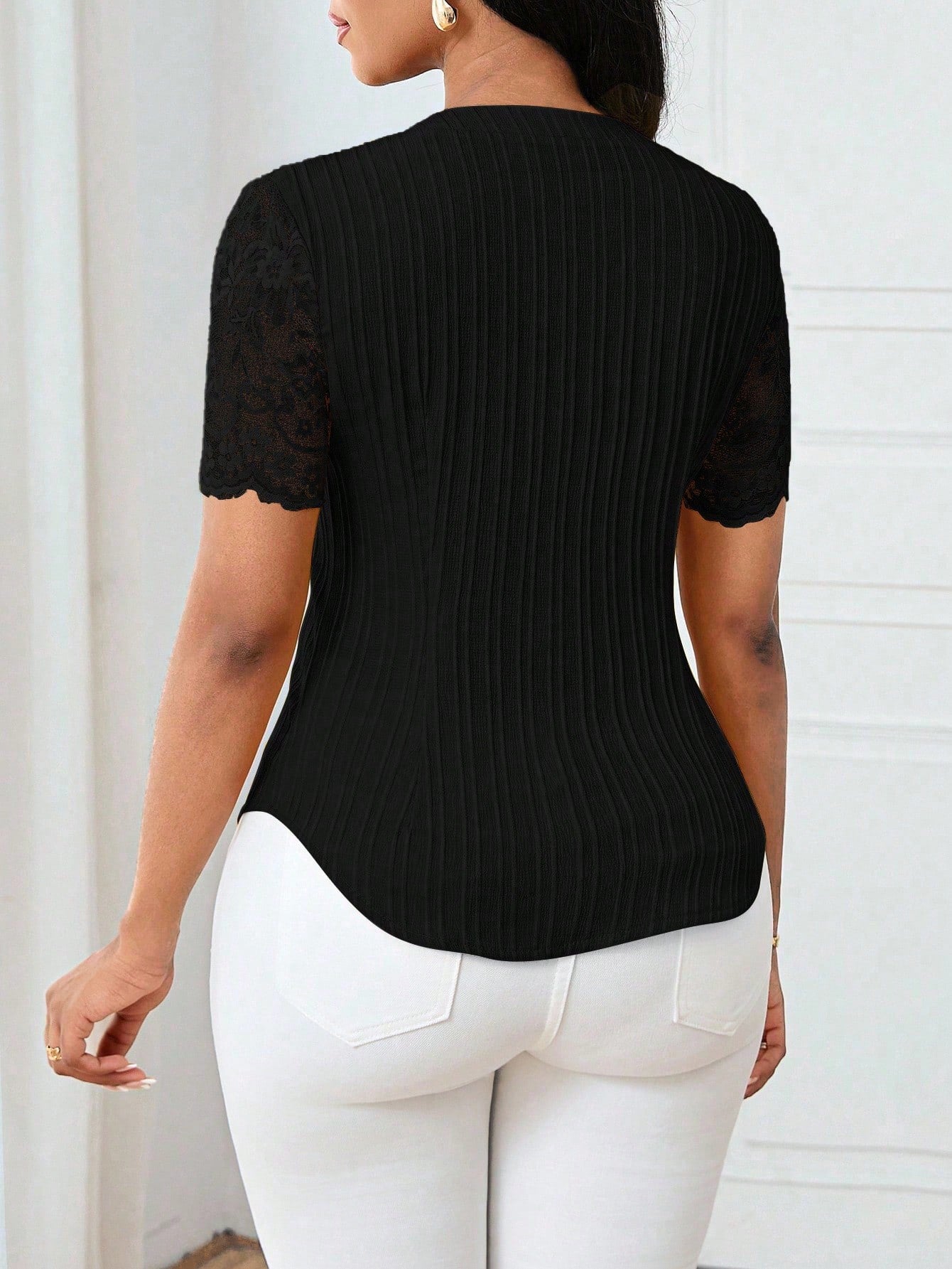 Solid Color Embroidered Hollow-Out Short-Sleeve Top