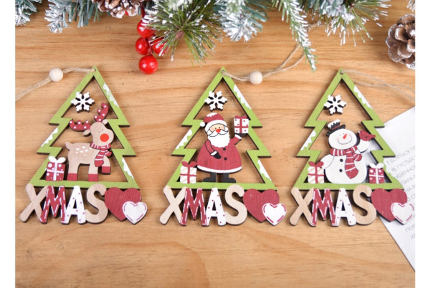 **Wooden Christmas Ornament Set - Painted Cartoon Decoration**