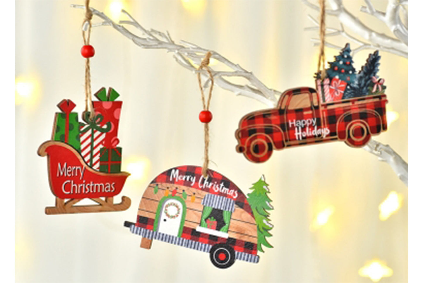 **Christmas Painted Wooden Car Ornament - Christmas Tree Decoration**