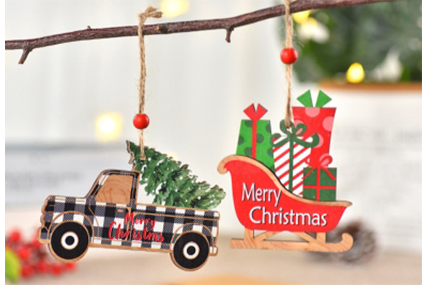 **Christmas Painted Wooden Car Ornament - Christmas Tree Decoration**