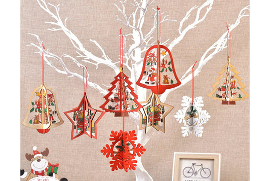 **Christmas Wooden 3D Pendant - Laser-Cut Snowflake Bell Ornament**
