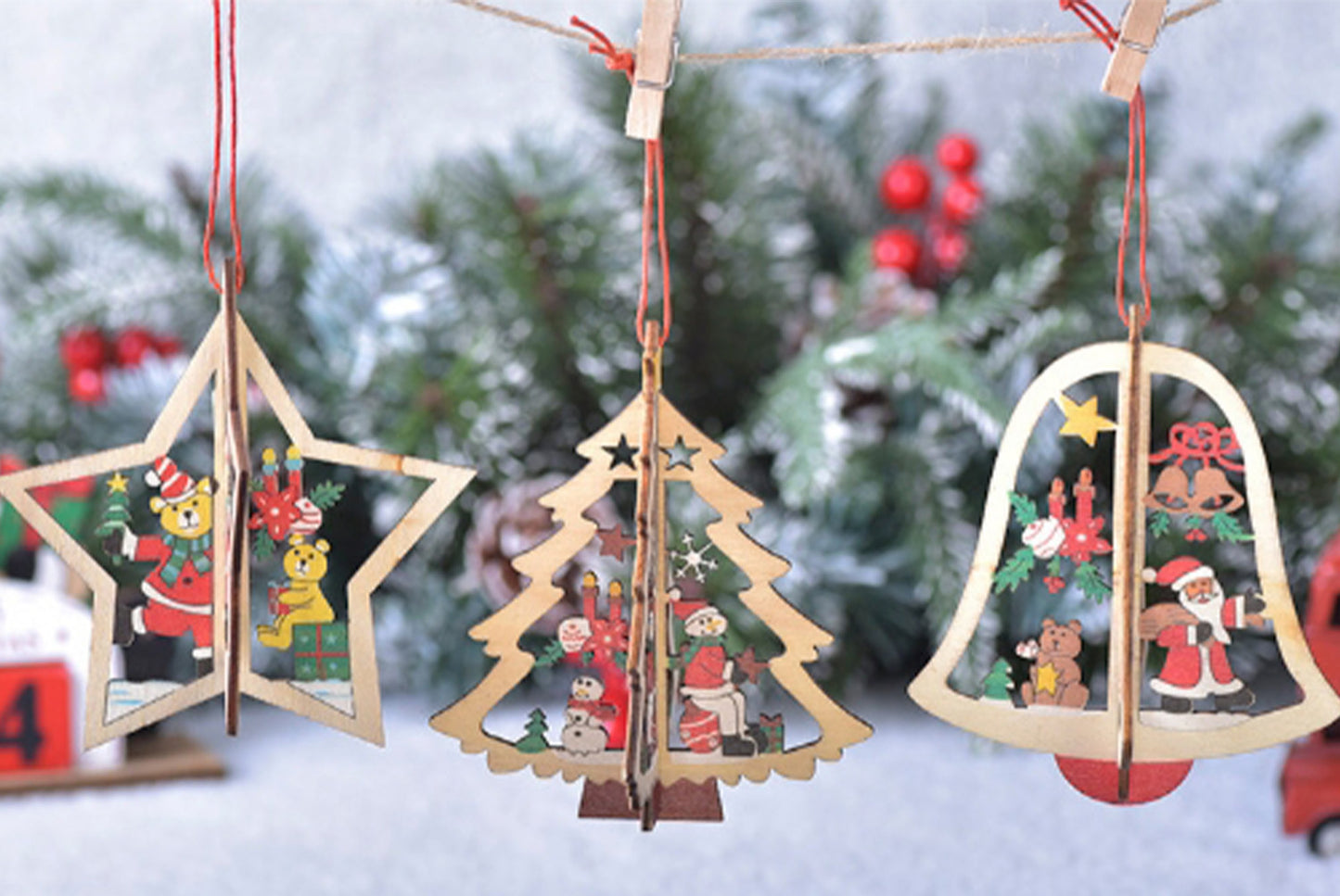 **Christmas Wooden 3D Pendant - Laser-Cut Snowflake Bell Ornament**