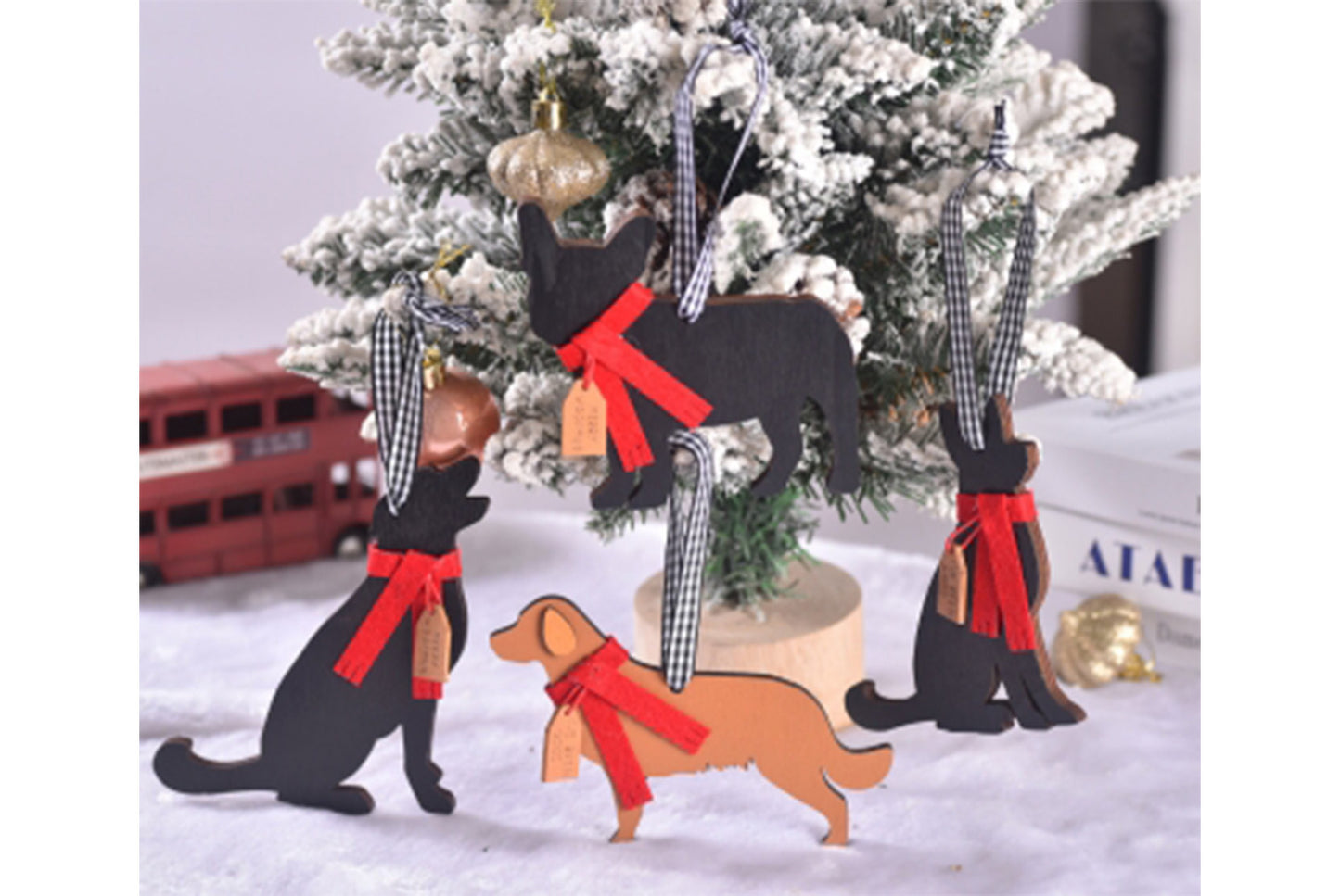 **Christmas Wooden Scarf Puppy Pendant - Holiday Tree Ornaments**