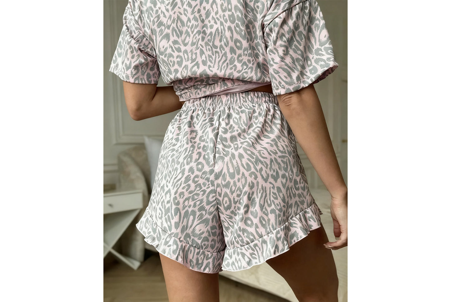 **Women's Leopard Print Pajama Short-Sleeve and Shorts Set**