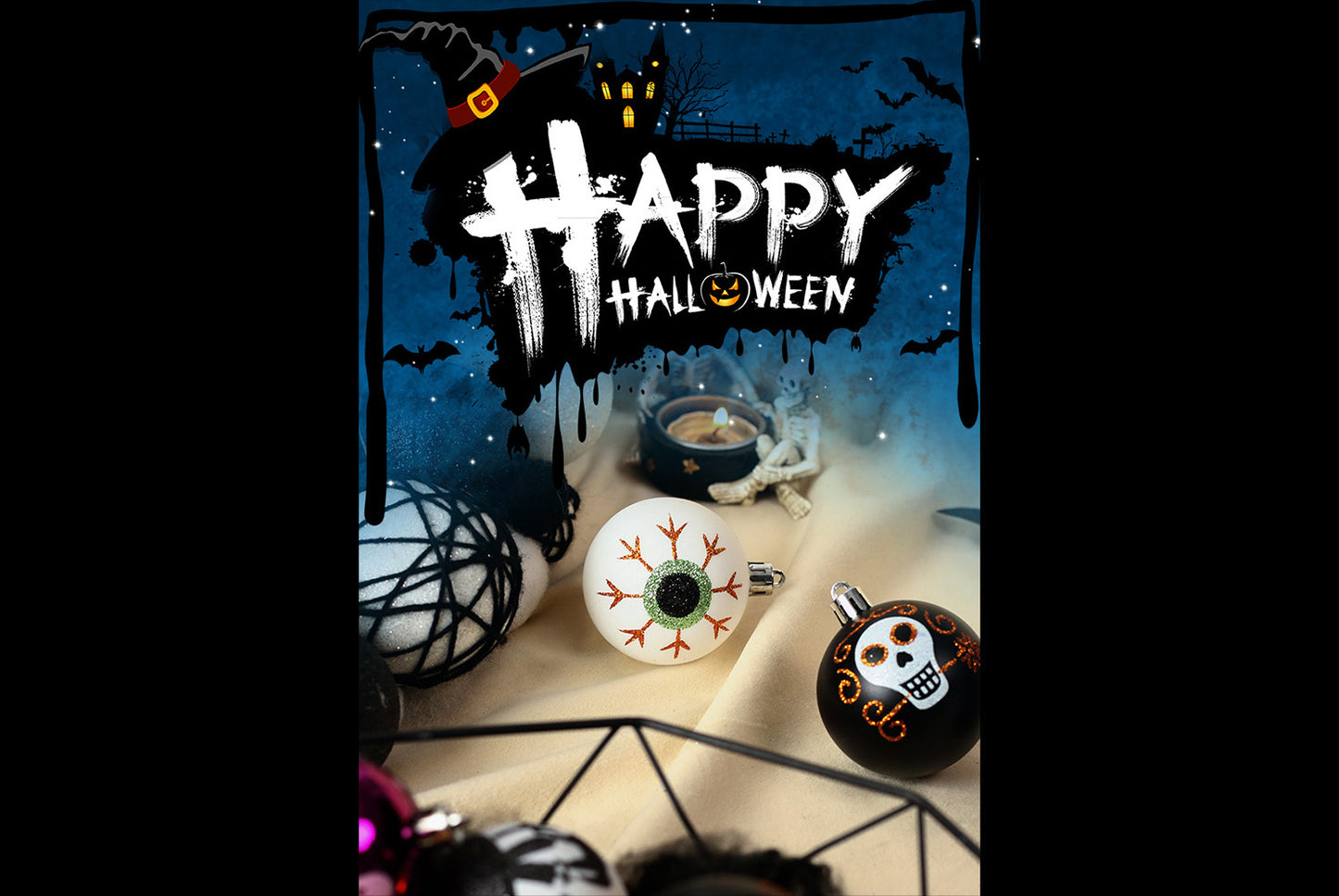 **Halloween 16-Piece Painted Spooky Skull Plastic Ball Hanging Ornaments**