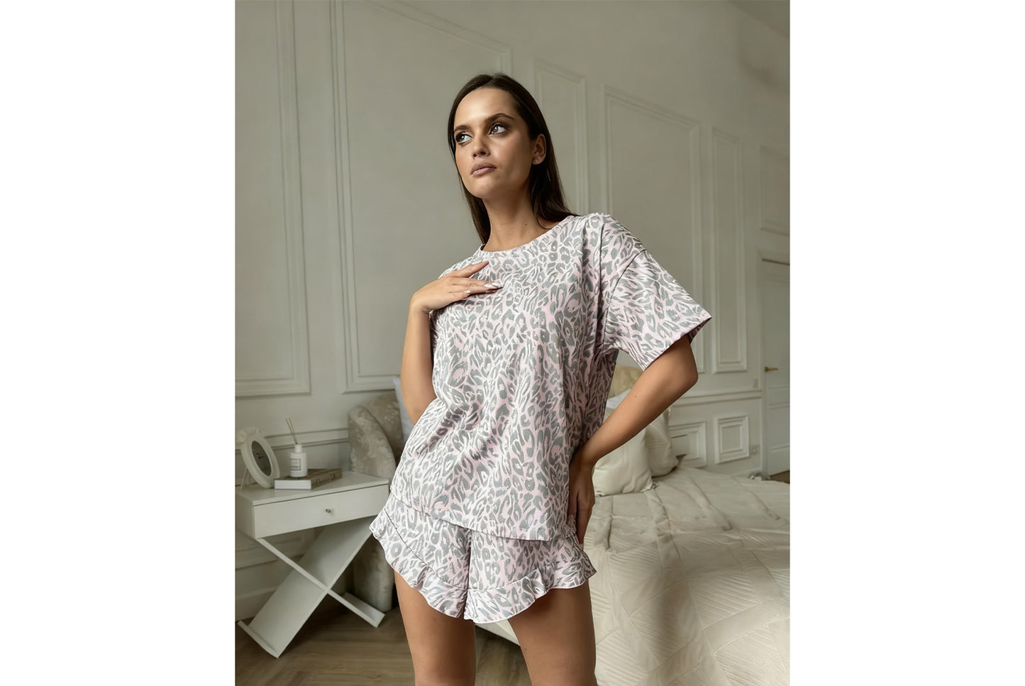 **Women's Leopard Print Pajama Short-Sleeve and Shorts Set**