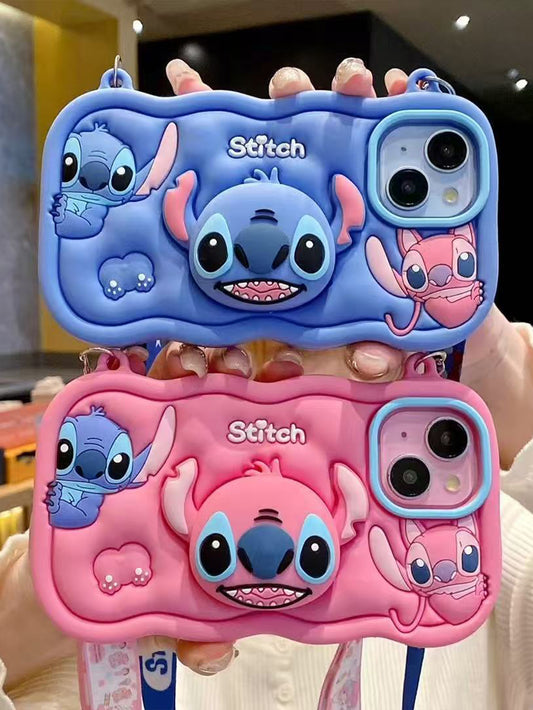Cute Cartoon 3D Silicone Stitch Stand Lanyard Wallet Phone Case