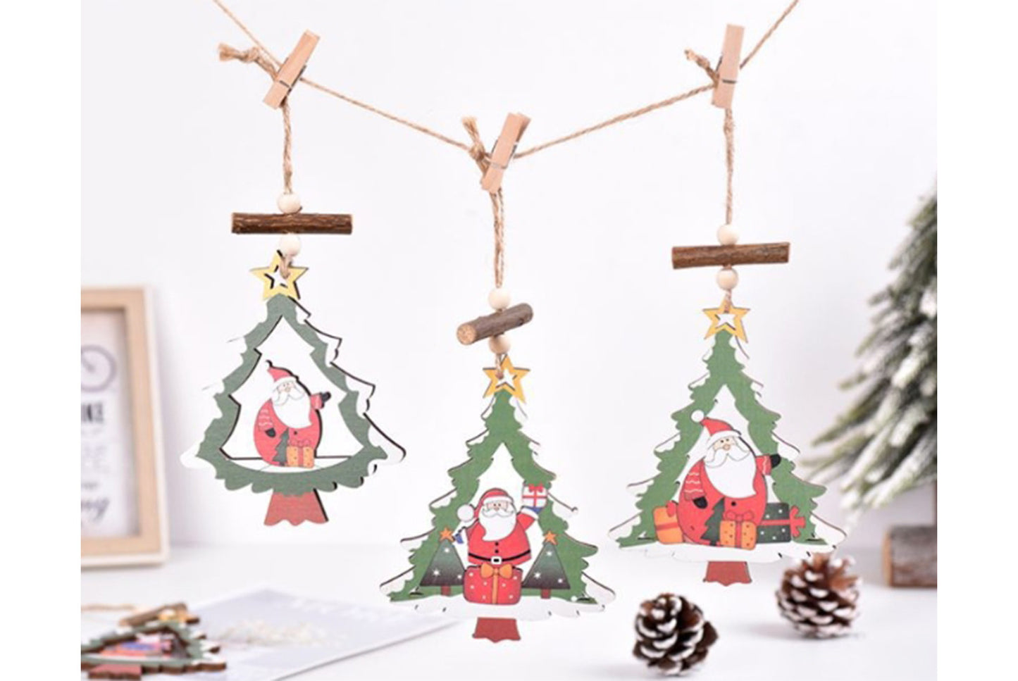 **Christmas Wooden Hollow Pendant - Cartoon Themed Tree Frame Decoration**