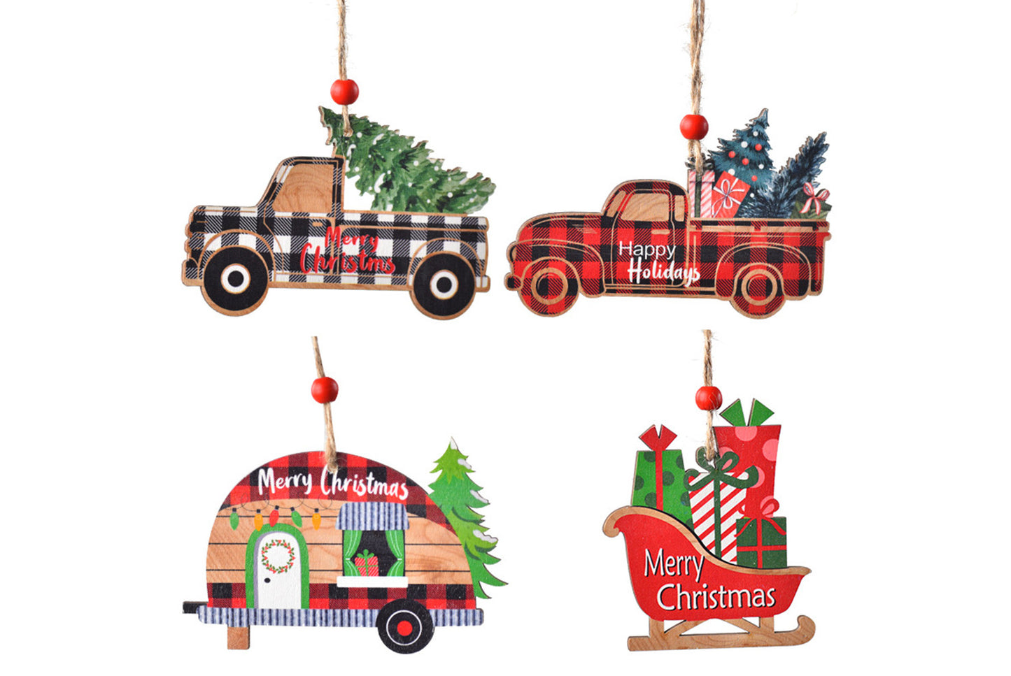 **Christmas Painted Wooden Car Ornament - Christmas Tree Decoration**