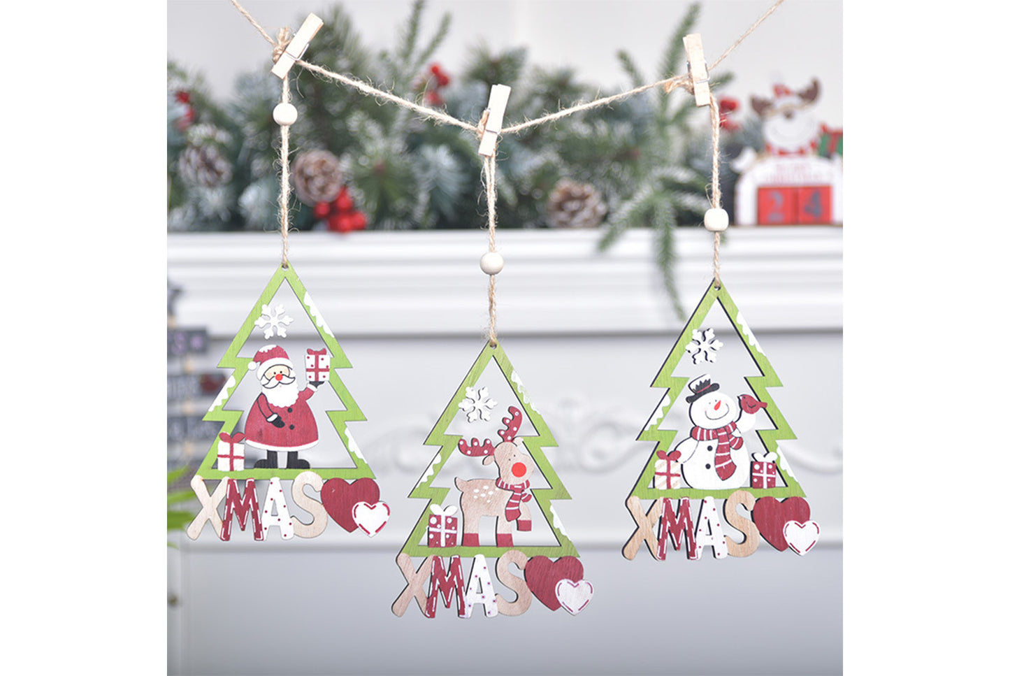 **Wooden Christmas Ornament Set - Painted Cartoon Decoration**