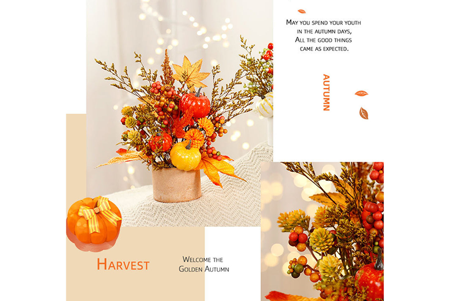 Simulated Autumn Maple Leaf, Pumpkin, and Rice Potted Plant