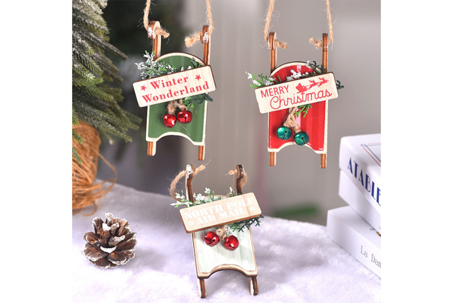 **Christmas Wooden Sleigh Ornament - Holiday Tree Decoration**