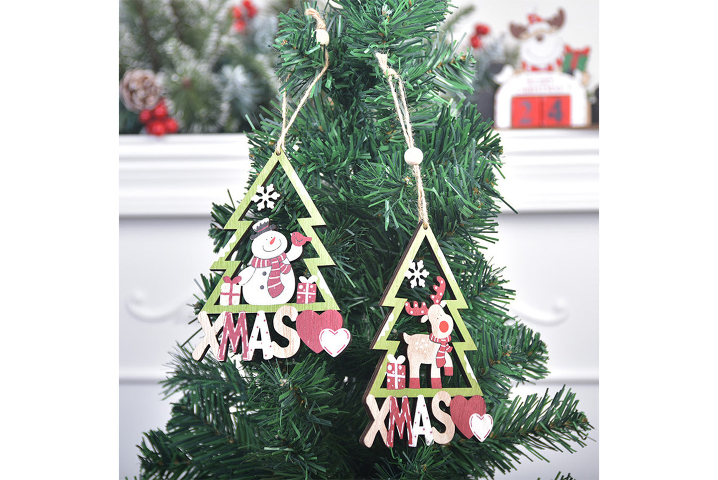 **Wooden Christmas Ornament Set - Painted Cartoon Decoration**