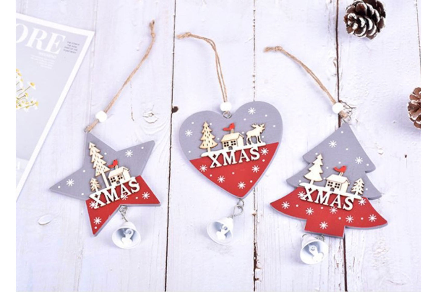 **Wooden Christmas Ornament Set - Classic Holiday Decoration**