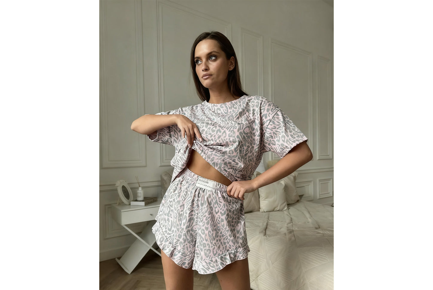 **Women's Leopard Print Pajama Short-Sleeve and Shorts Set**