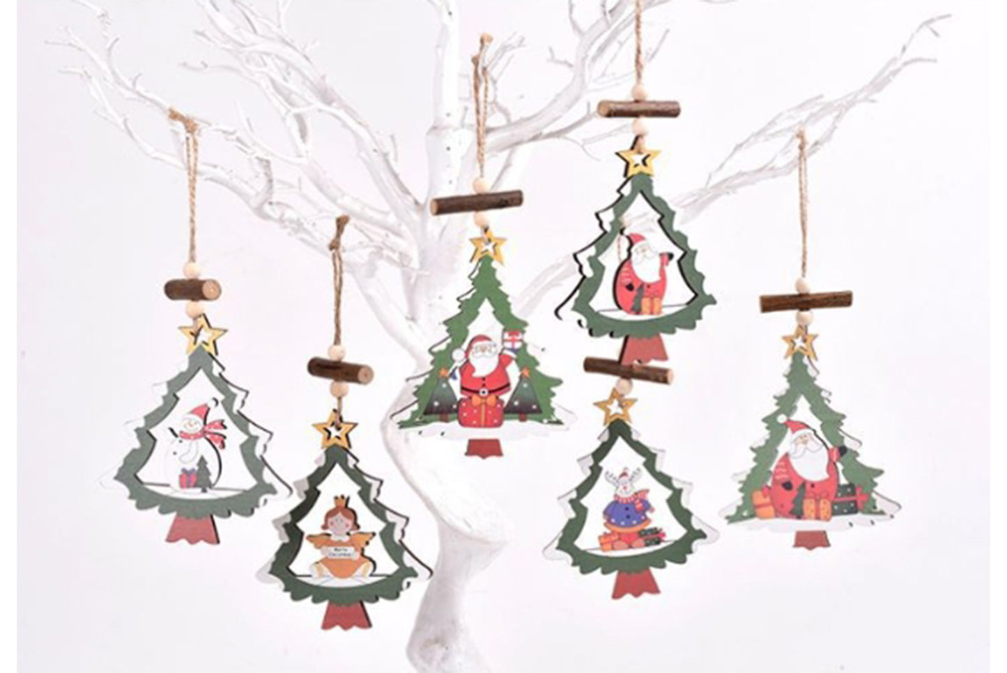 **Christmas Wooden Hollow Pendant - Cartoon Themed Tree Frame Decoration**