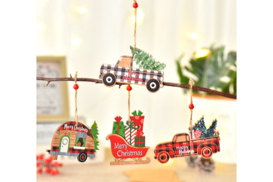 **Christmas Painted Wooden Car Ornament - Christmas Tree Decoration**
