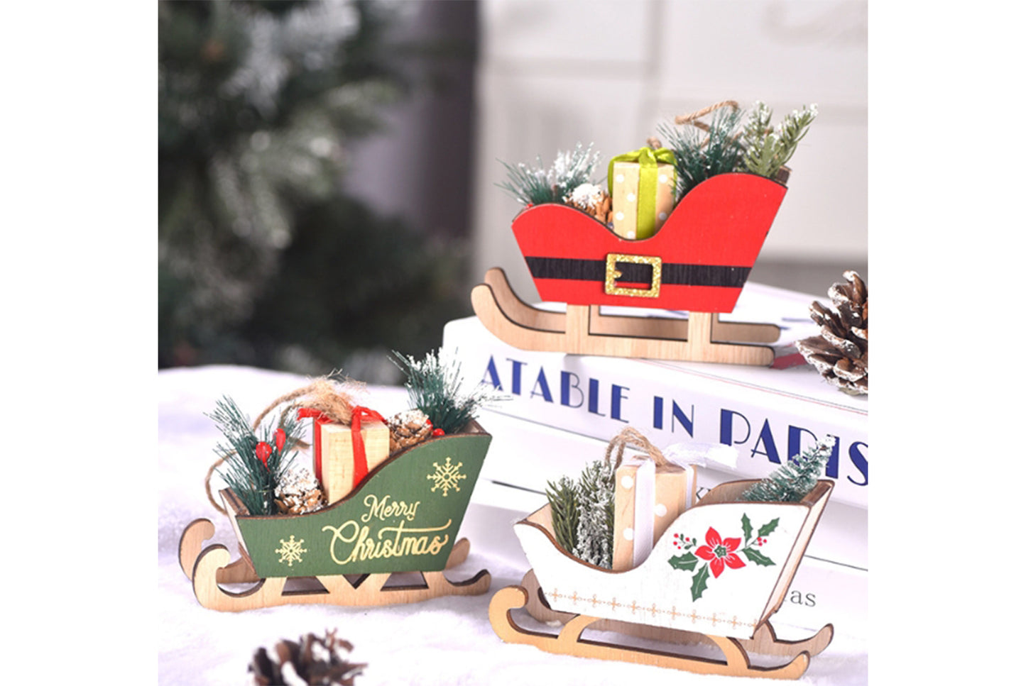 **Christmas Wooden Sleigh Ornament - Festive Decoration**