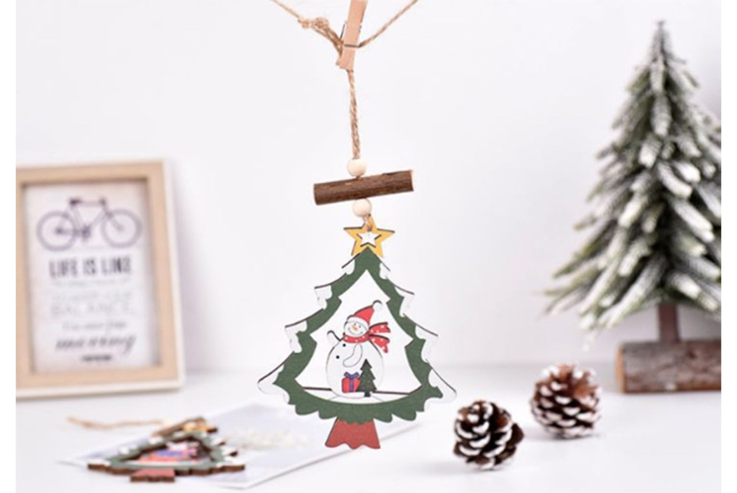 **Christmas Wooden Hollow Pendant - Cartoon Themed Tree Frame Decoration**