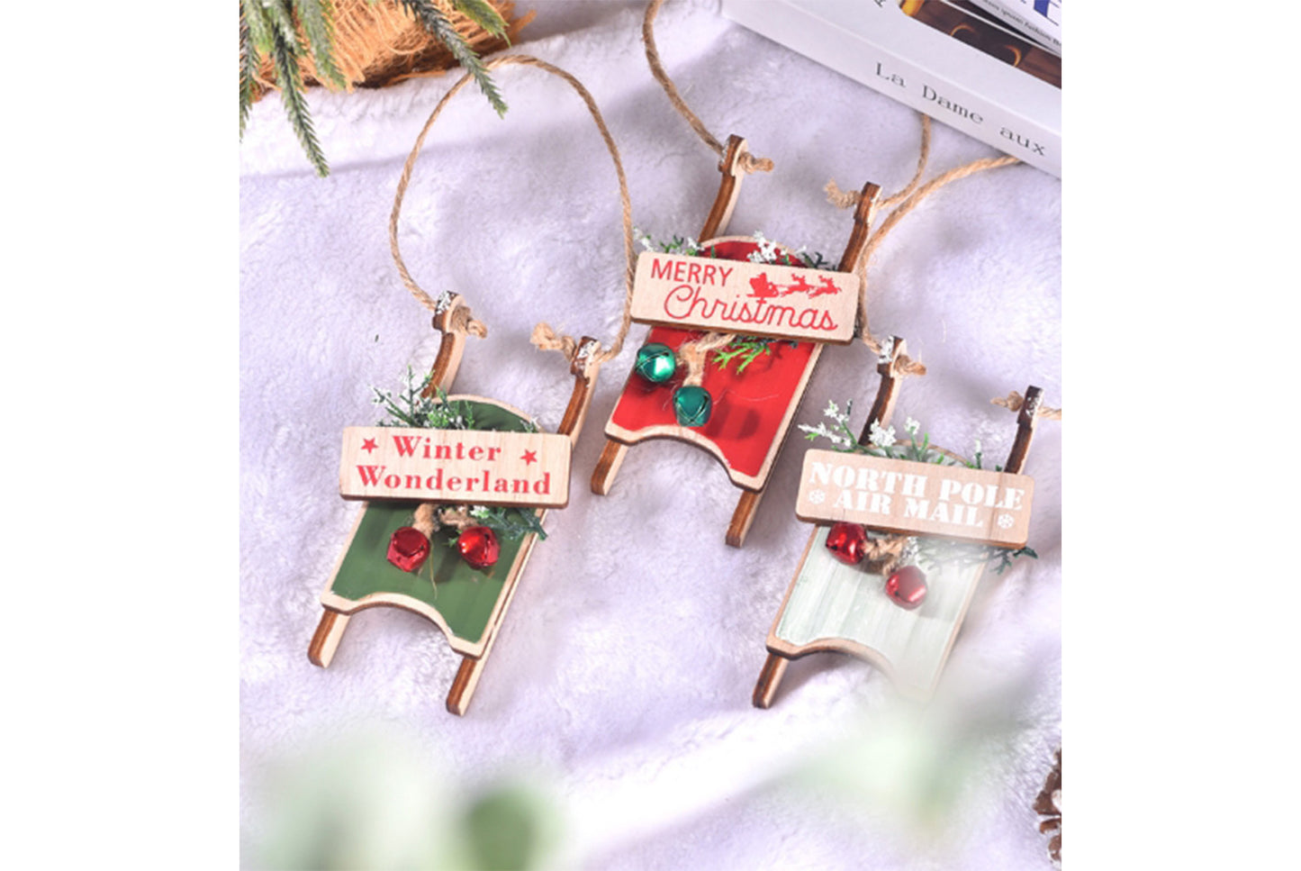 **Christmas Wooden Sleigh Ornament - Holiday Tree Decoration**