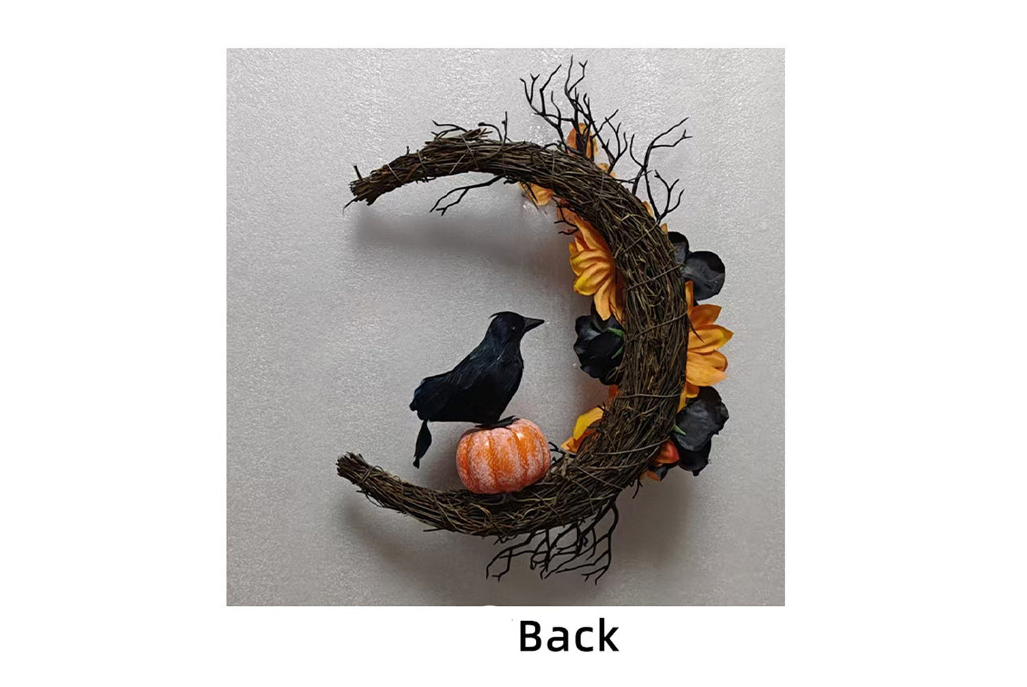 Halloween Orange and Black Crow Moon Wreath Door Hanging
