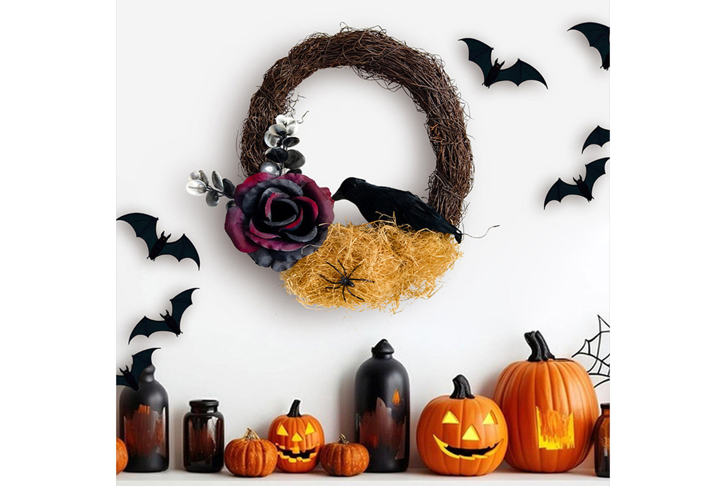 Halloween Dead Rose and Crow Wreath | Horror-Themed Door Decoration