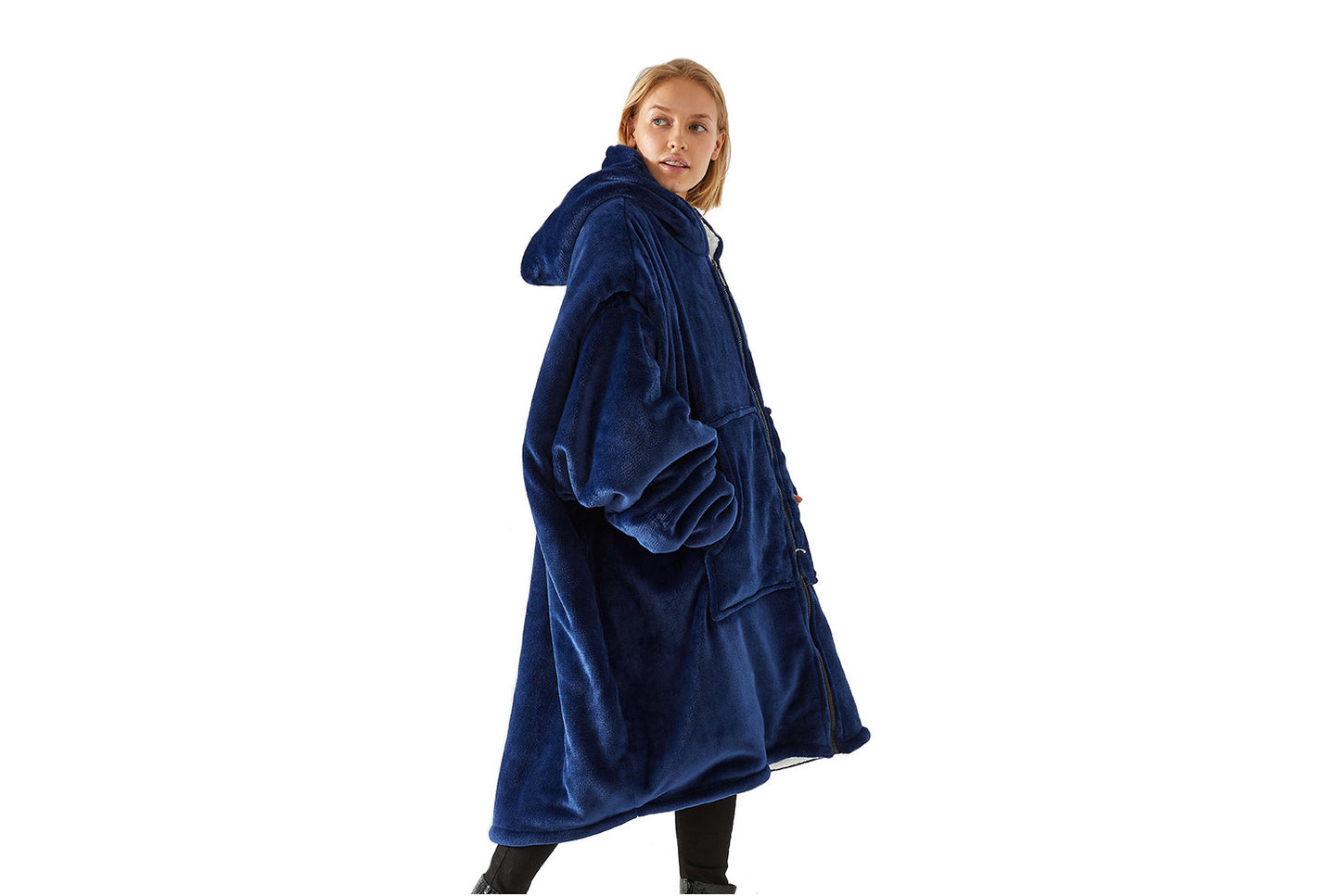 **Extra Long Zippered Lazy Blanket (Light Gray/Dark Blue)**