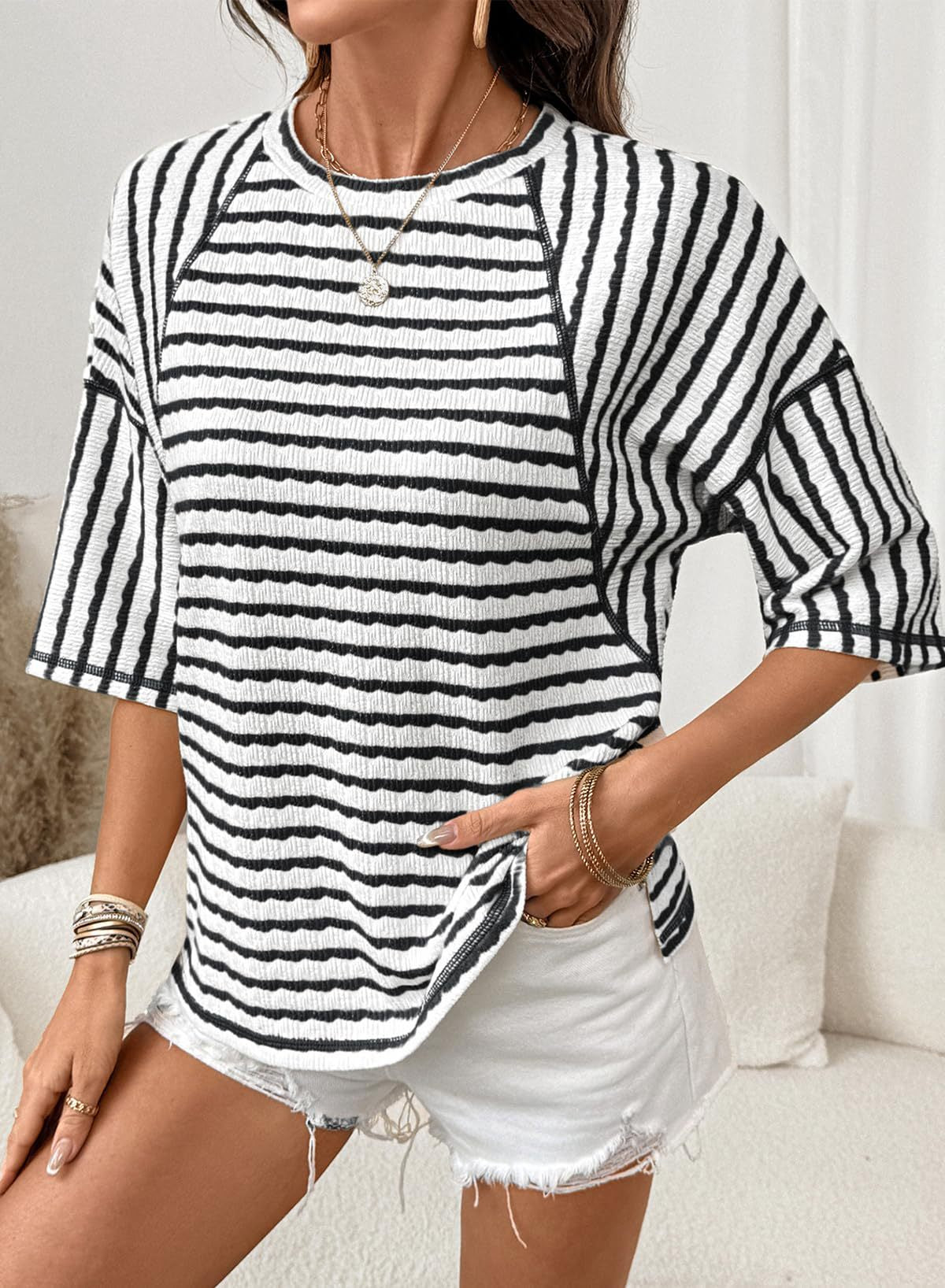 # Women's Striped Short-Sleeve Crew Neck Pullover T-Shirt