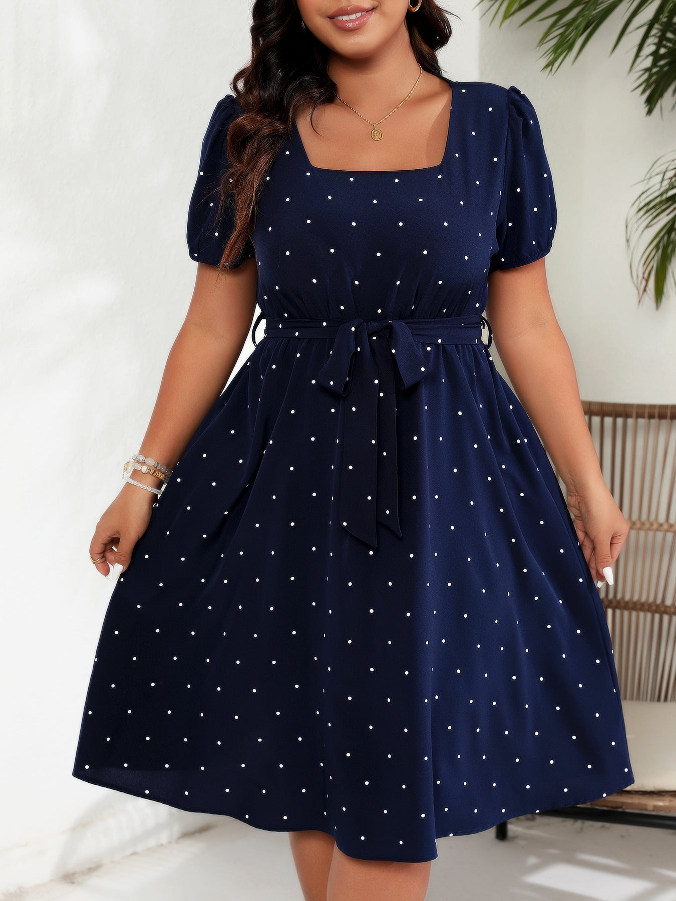 # Retro Polka Dot Square Neck Plus Size Dress