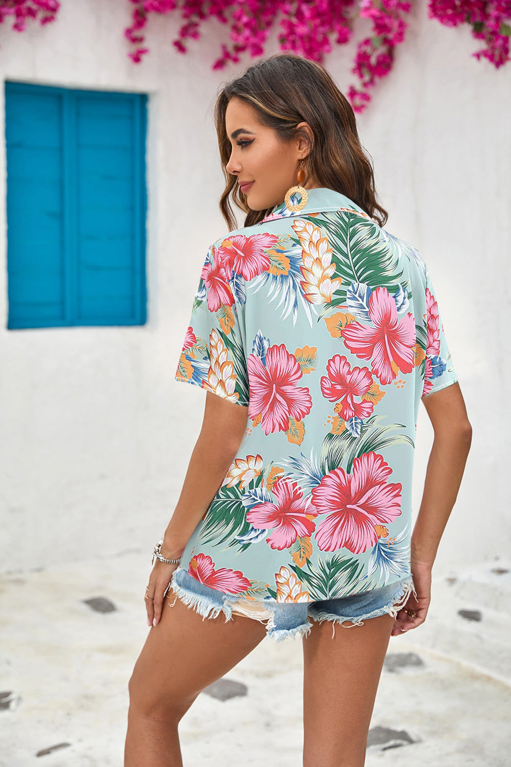 # Floral Print Pleated Collared Short-Sleeve Shirt