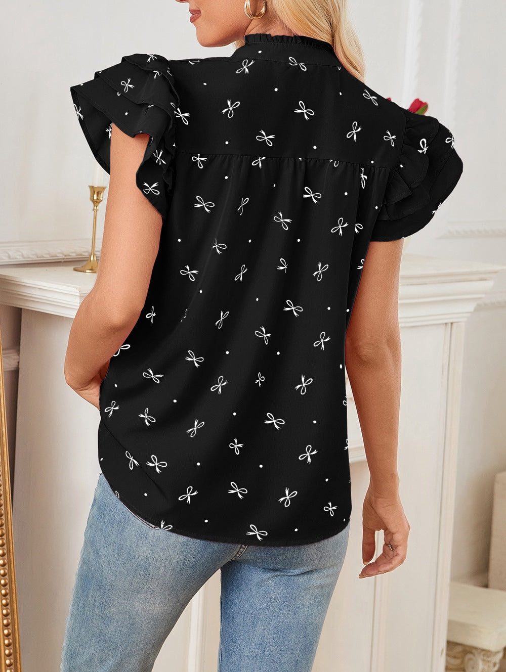 # V-Neck Ruffled Sleeve Women's Top