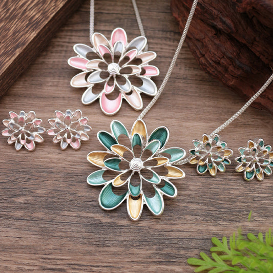 Enamel hollow sunflower earrings long pendant set