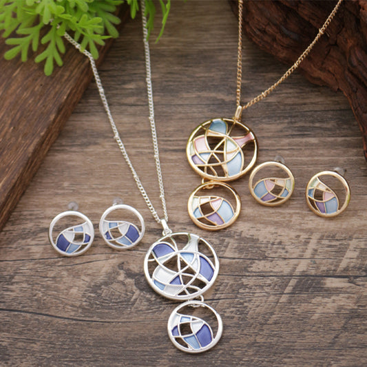 Enamel round hollow flower earring pendant set