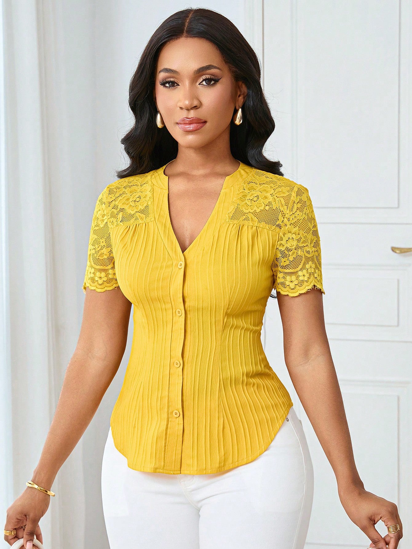 Solid Color Embroidered Hollow-Out Short-Sleeve Top