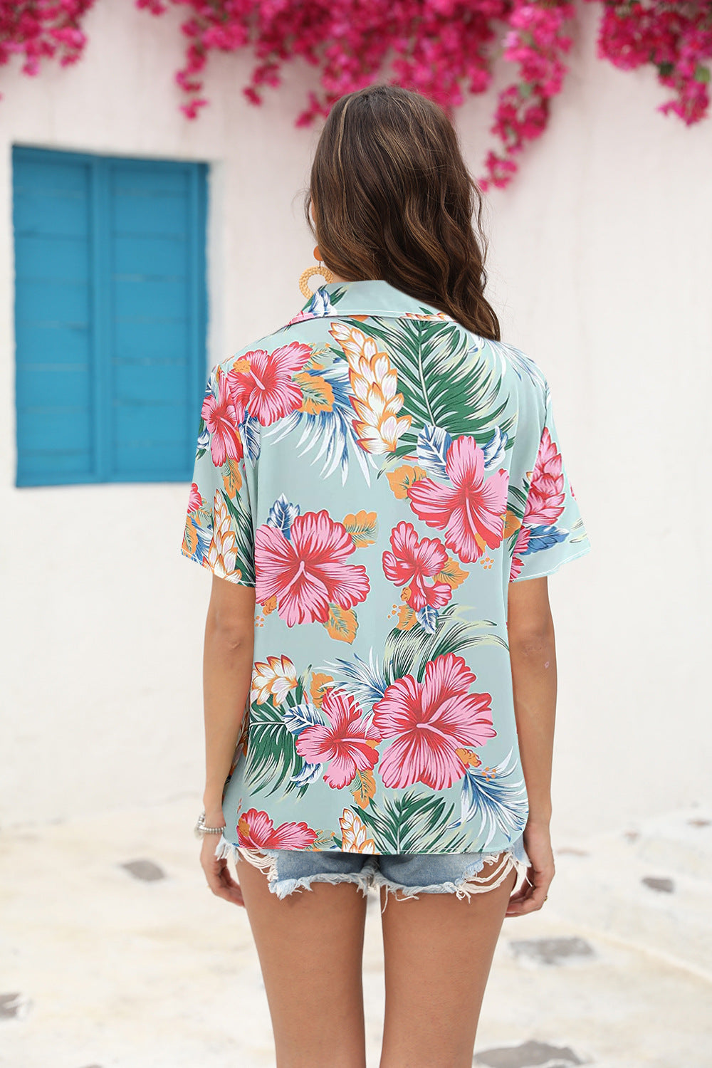 # Floral Print Pleated Collared Short-Sleeve Shirt