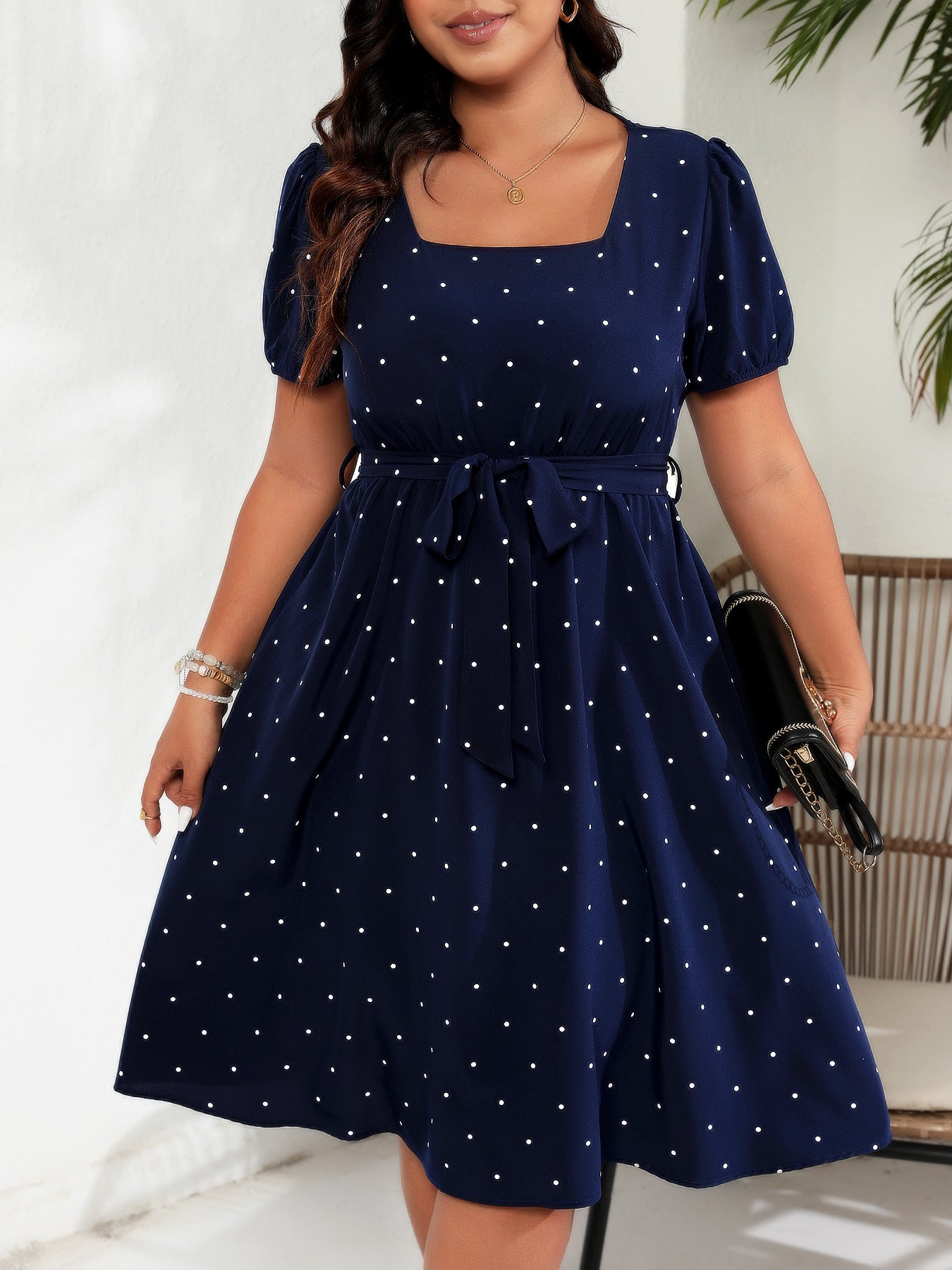 # Retro Polka Dot Square Neck Plus Size Dress