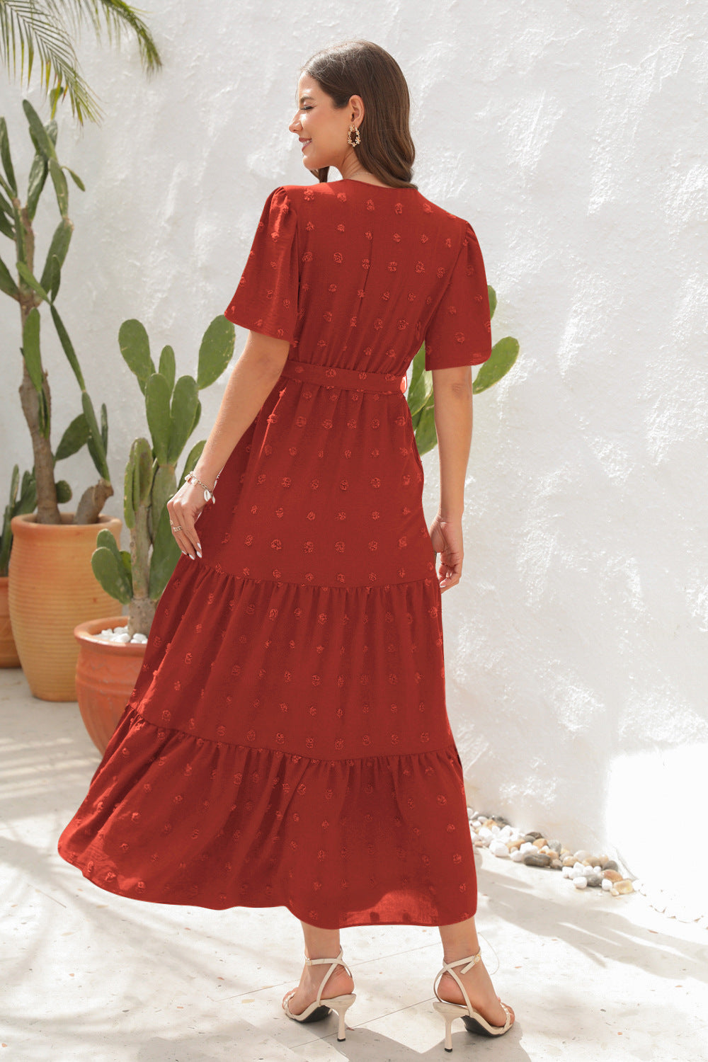 # V-Neck Tie-Waist Long Vacation Dress