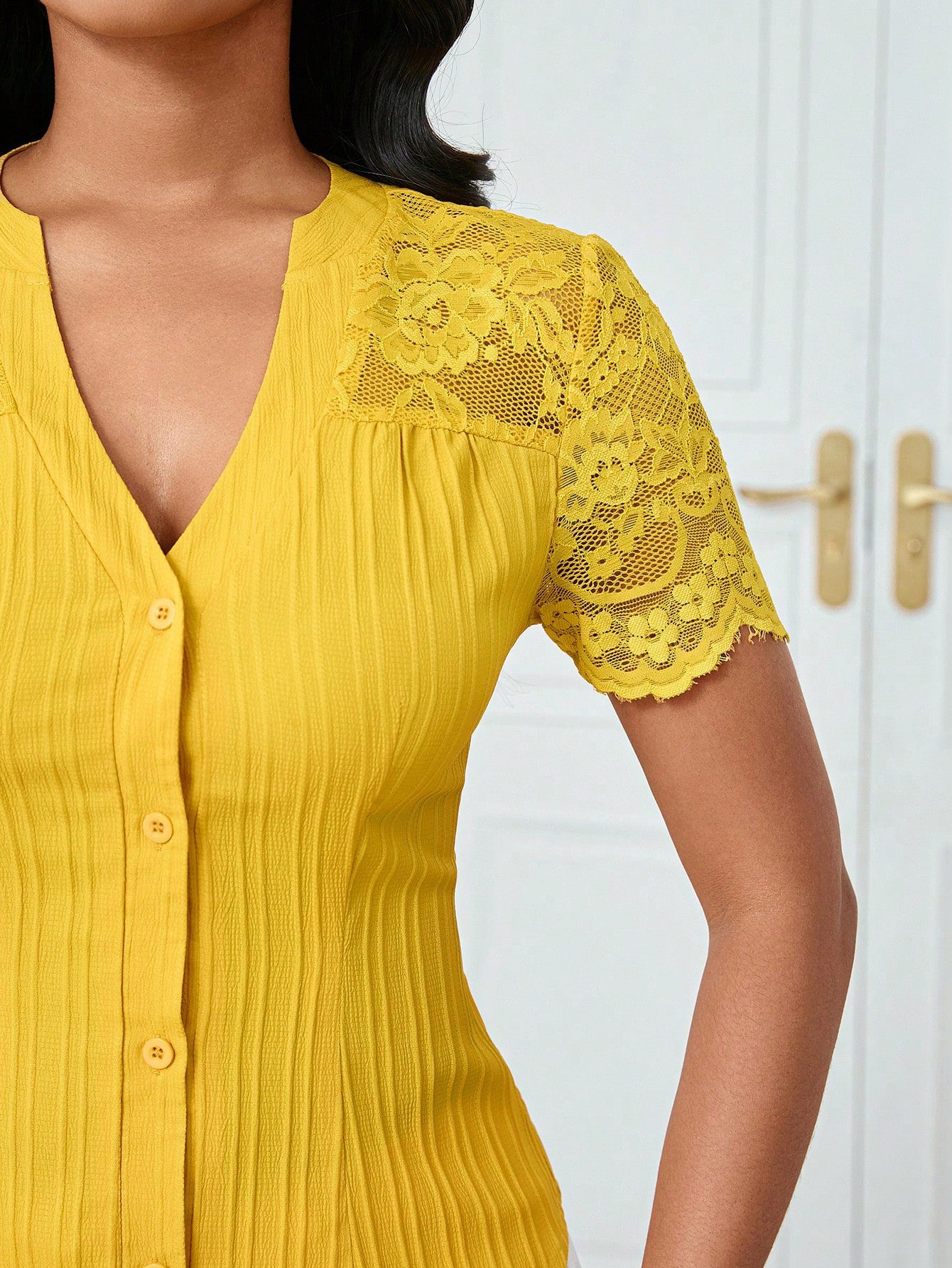 Solid Color Embroidered Hollow-Out Short-Sleeve Top
