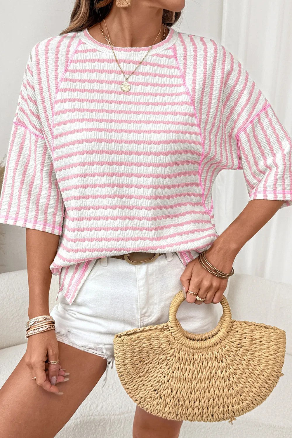# Women's Striped Short-Sleeve Crew Neck Pullover T-Shirt