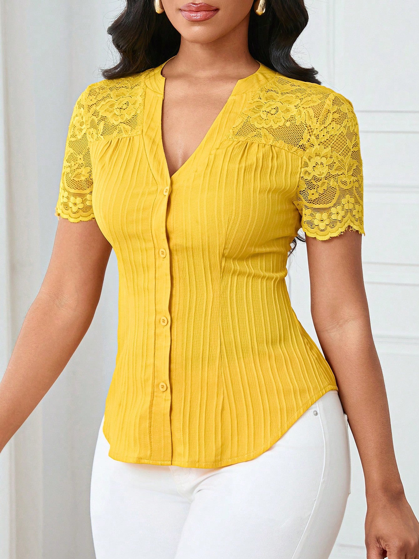 Solid Color Embroidered Hollow-Out Short-Sleeve Top